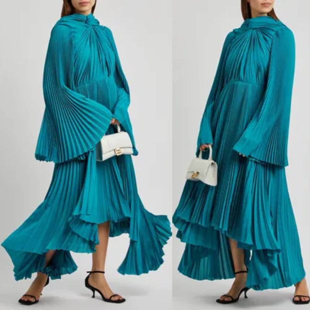 NWT Balenciaga Plisse Crepe Midi Dress Petrol Blue Pleated Asymmetric Flared